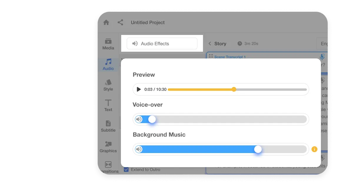 Audio control interface showing scene-by-scene and project-wide volume adjustments, including A-Roll, B-Roll, and background music for precise audio management.